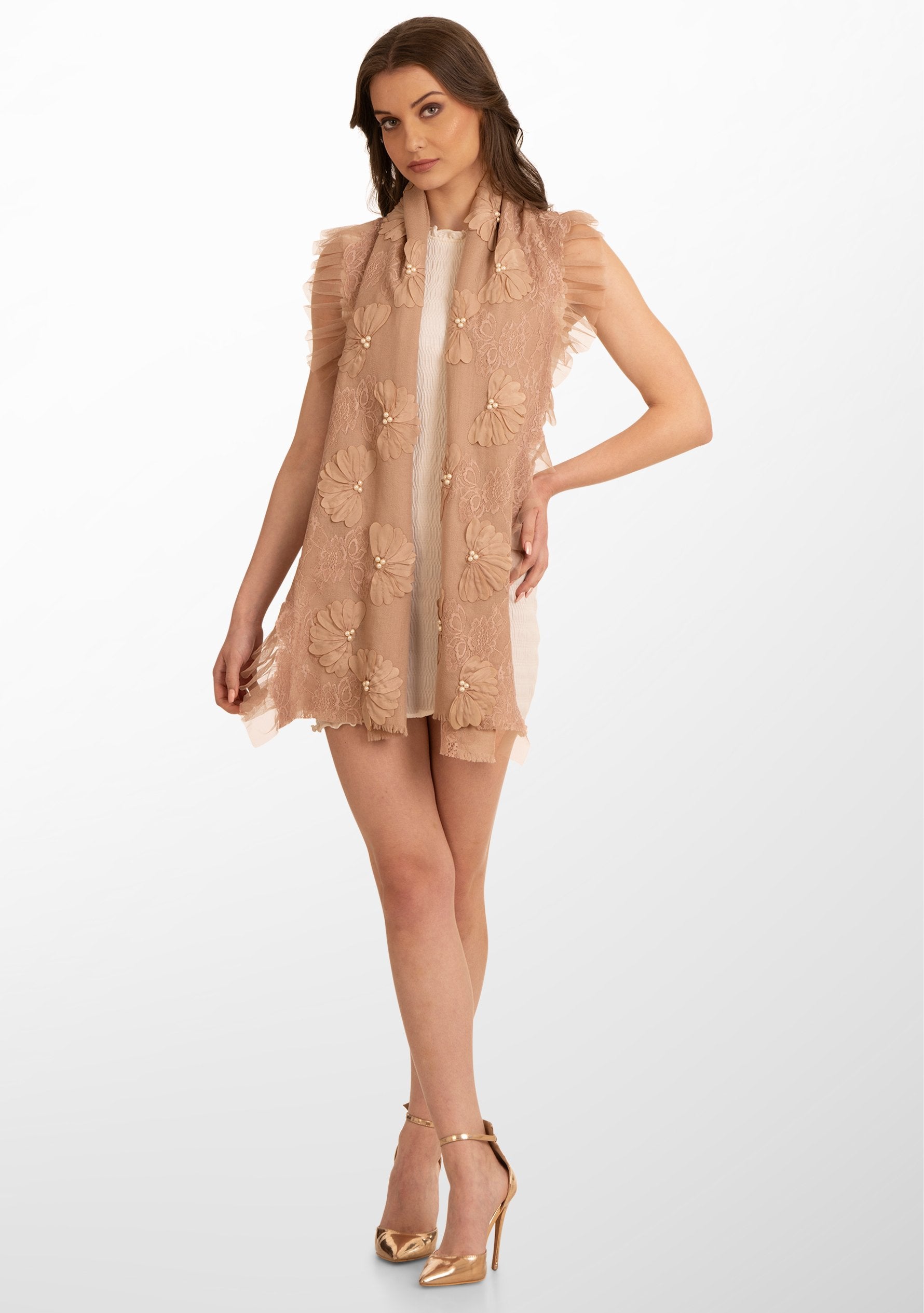 Fawn Cashmere Scarf with Pearls, Embroidery, Frill and Lace Detailing