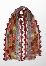 Crane Printed Wool and Silk Scarf with Cloud Embroidery & Red-Grey Filigree Lace