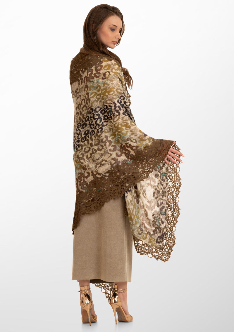 Multi Khaki Leopard Print Wool and Silk Scarf with a Khaki Floral Lace Border