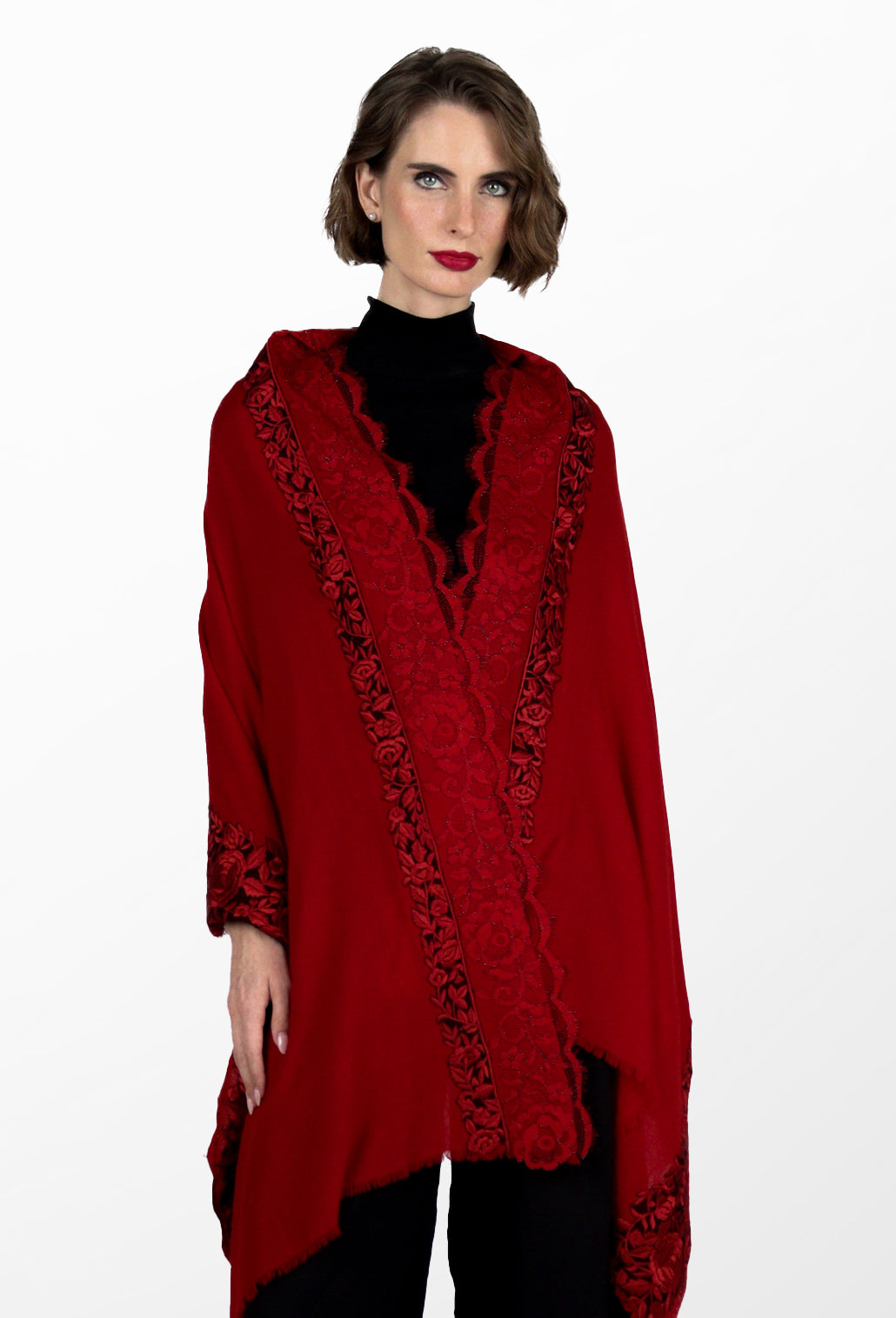 Red Cashmere Scarf with Black and Red Embroidery and Filigree Lace