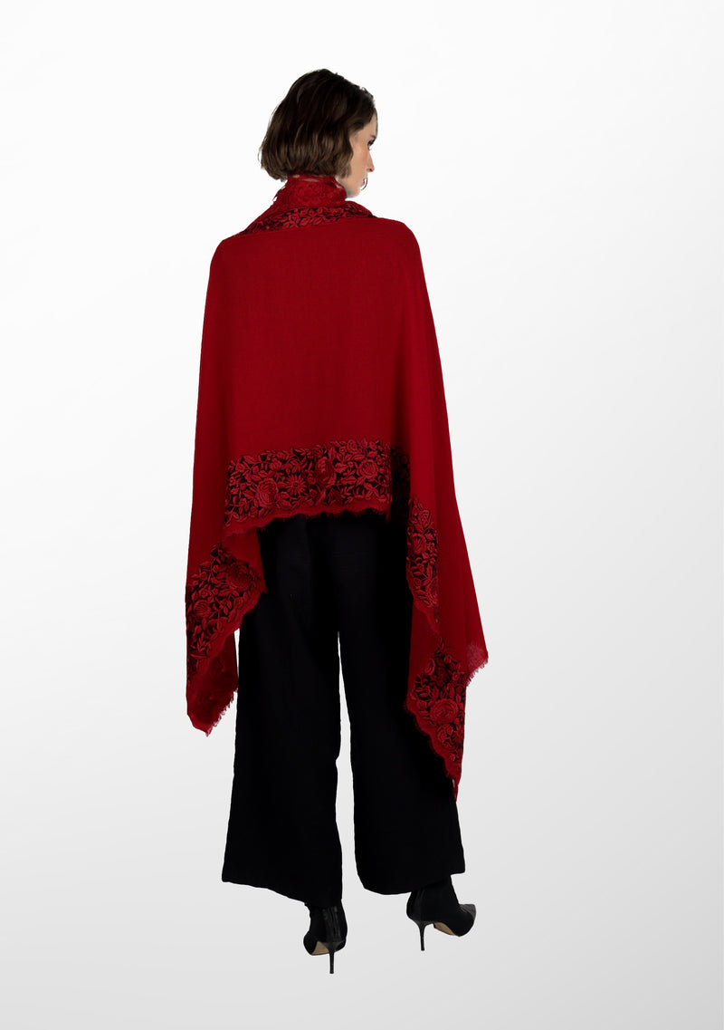 Red Cashmere Scarf with Black and Red Embroidery and Filigree Lace