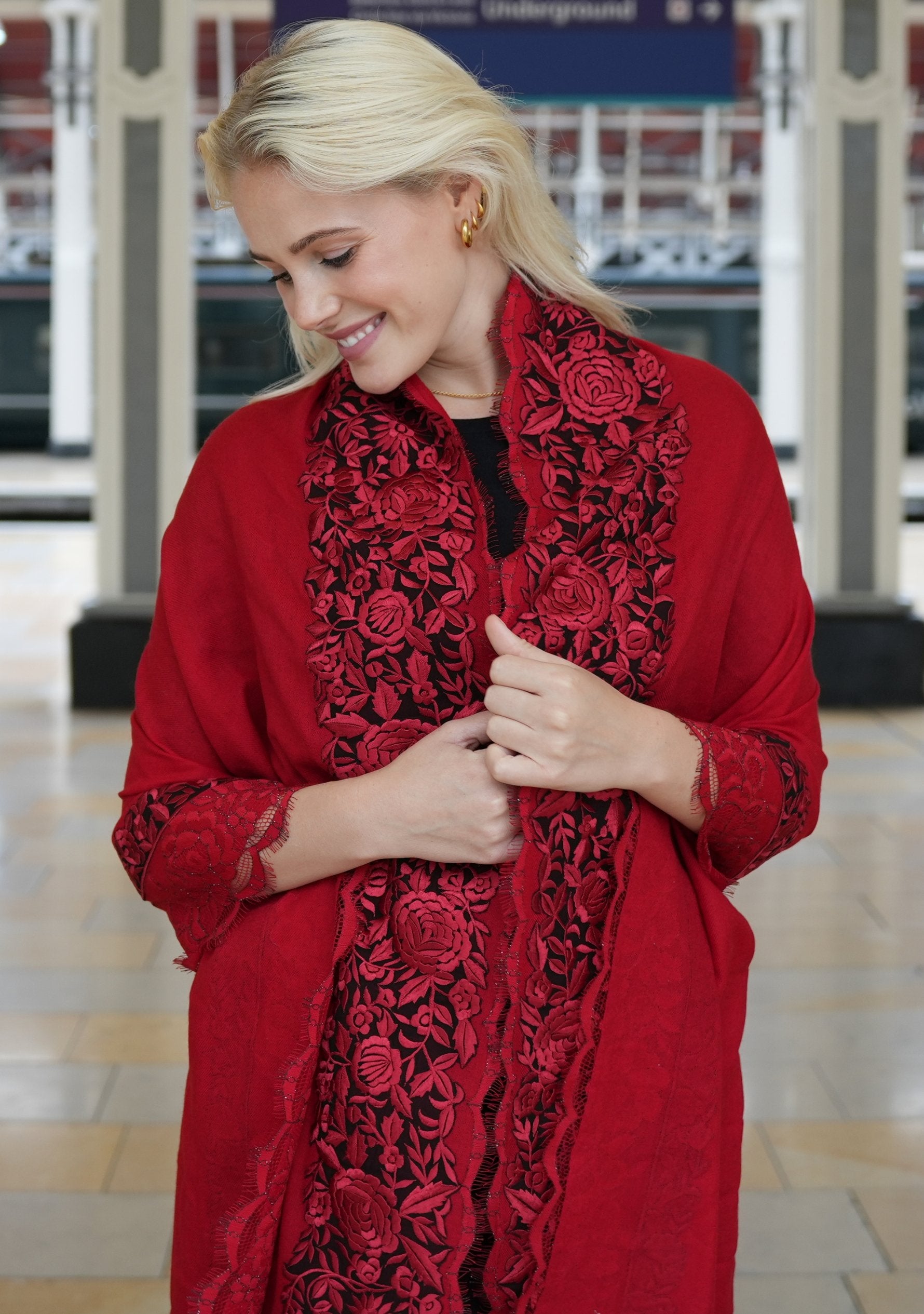 Red Cashmere Scarf with Black and Red Embroidery and Filigree Lace