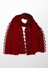 Red Cashmere Scarf with Black and Red Embroidery and Filigree Lace