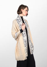 Beige Cashmere Scarf with Black and Beige Embroidery and Filigree Lace