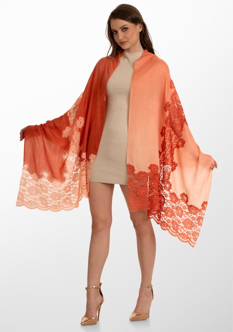 Brick Ombre Wool and Silk Scarf with Dual-Colored Brick Ombre Floral Lace Application