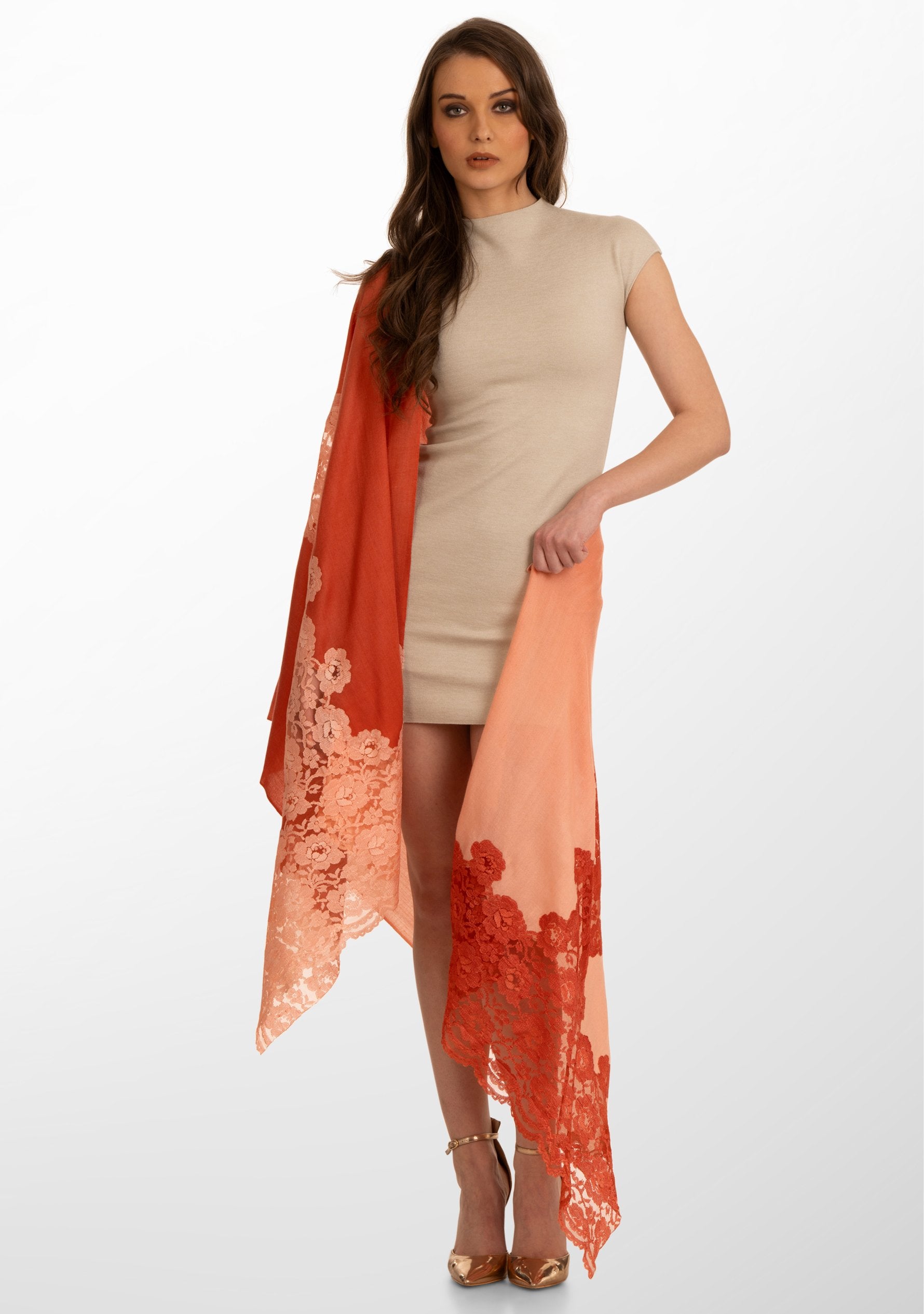 Brick Ombre Wool and Silk Scarf with Dual-Colored Brick Ombre Floral Lace Application