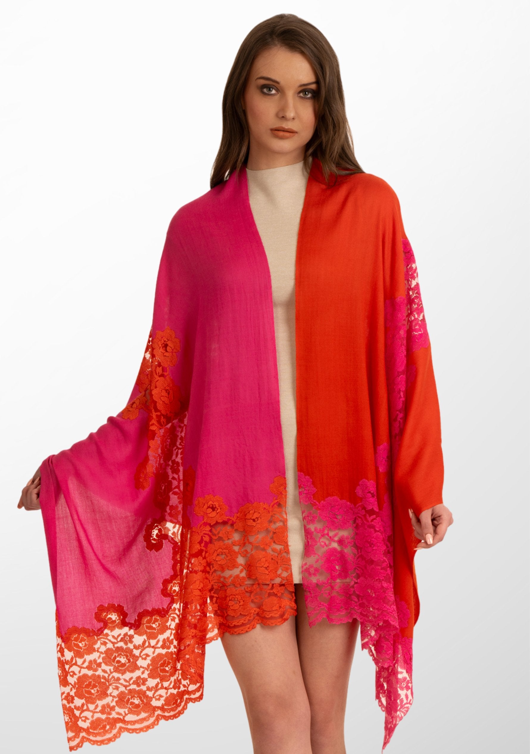 Sunset Pink Ombre Wool and Silk Scarf with Dual-Colored Sunset Pink Ombre Floral Lace Application