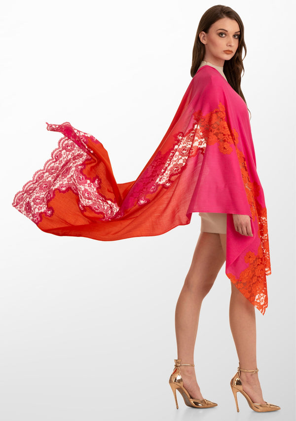 Sunset Pink Ombre Wool and Silk Scarf with Dual-Colored Sunset Pink Ombre Floral Lace Application
