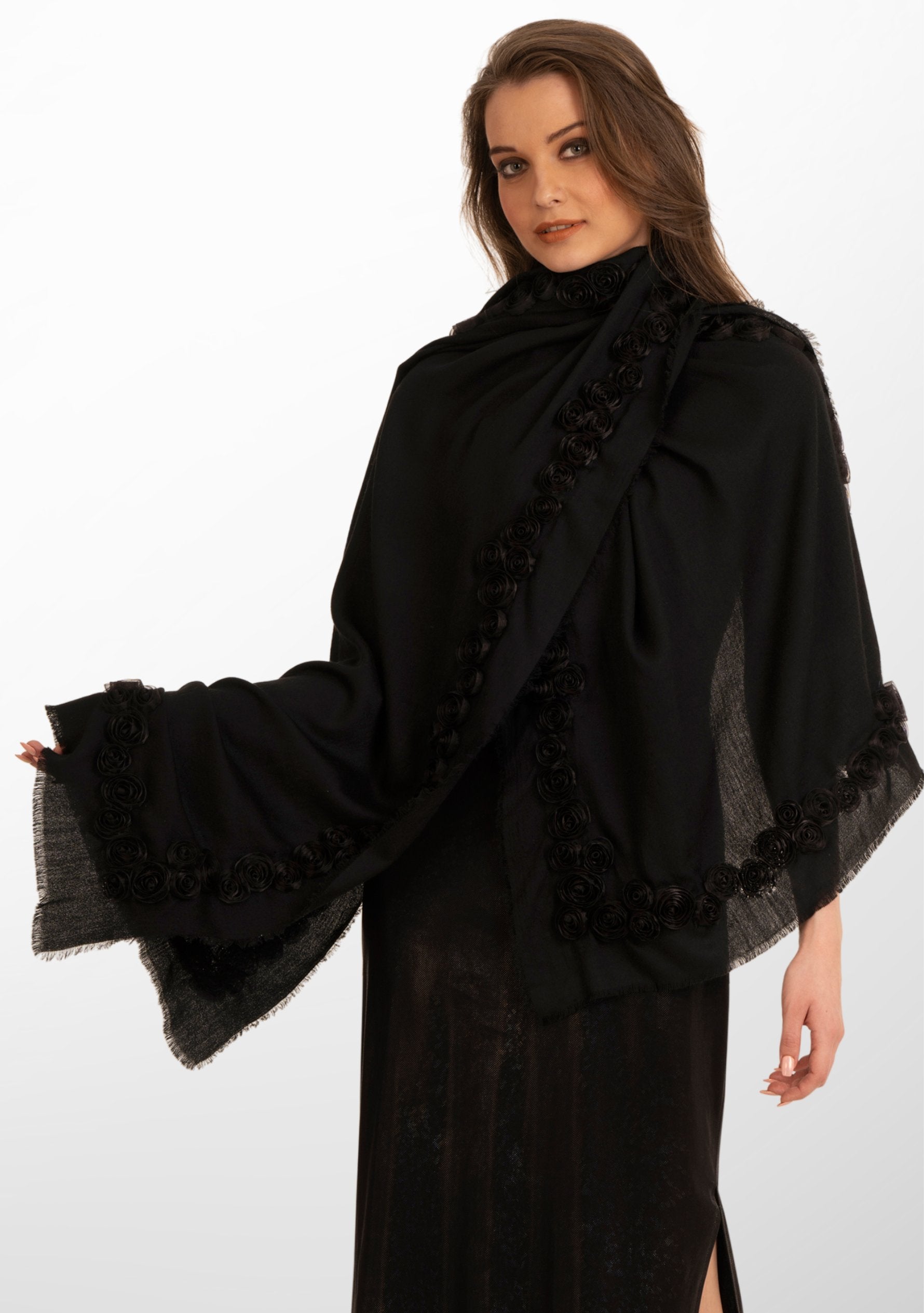 Black Cashmere Scarf with Black Ribbon Rose Border