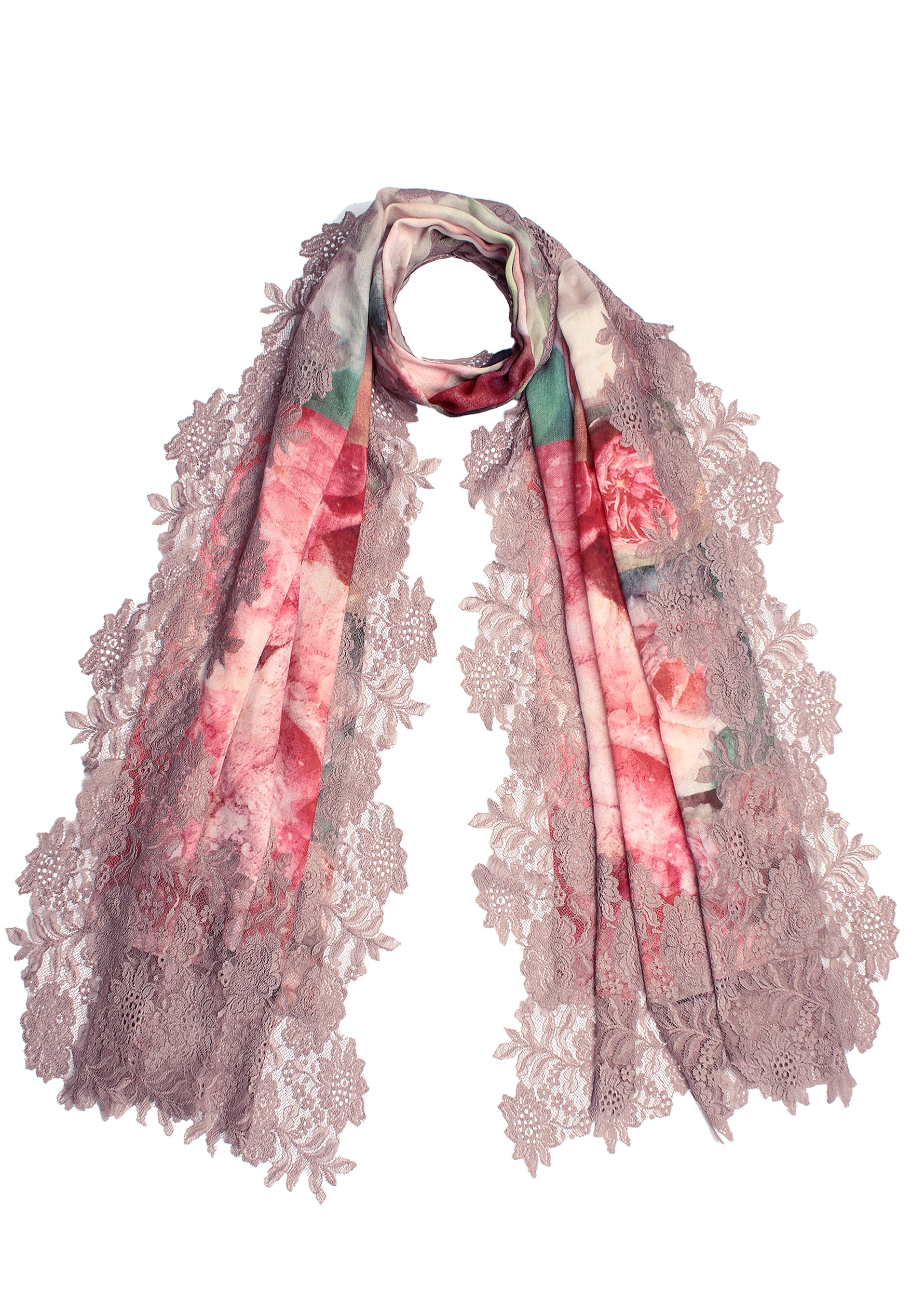 Roses Print Wool And Silk Scarf with a Seinna Floral Lace Border