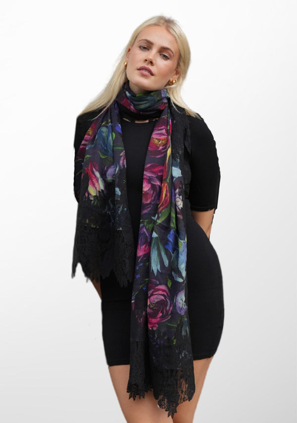 Tulip Print Wool and Silk Scarf with a Black Floral Lace Border