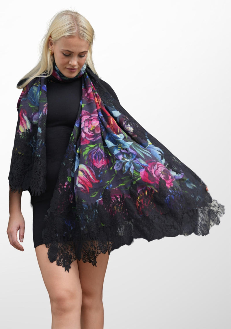Tulip Print Wool and Silk Scarf with a Black Floral Lace Border