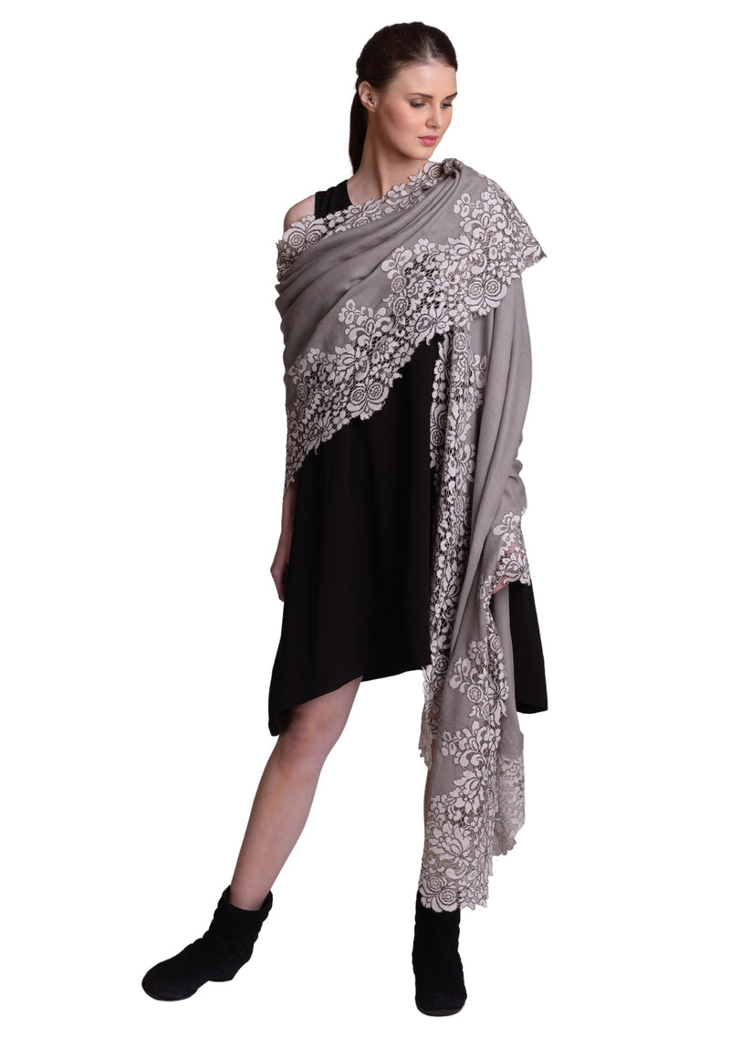 Mousse Wool & Silk Scarf with Mousse Corded Lace Border