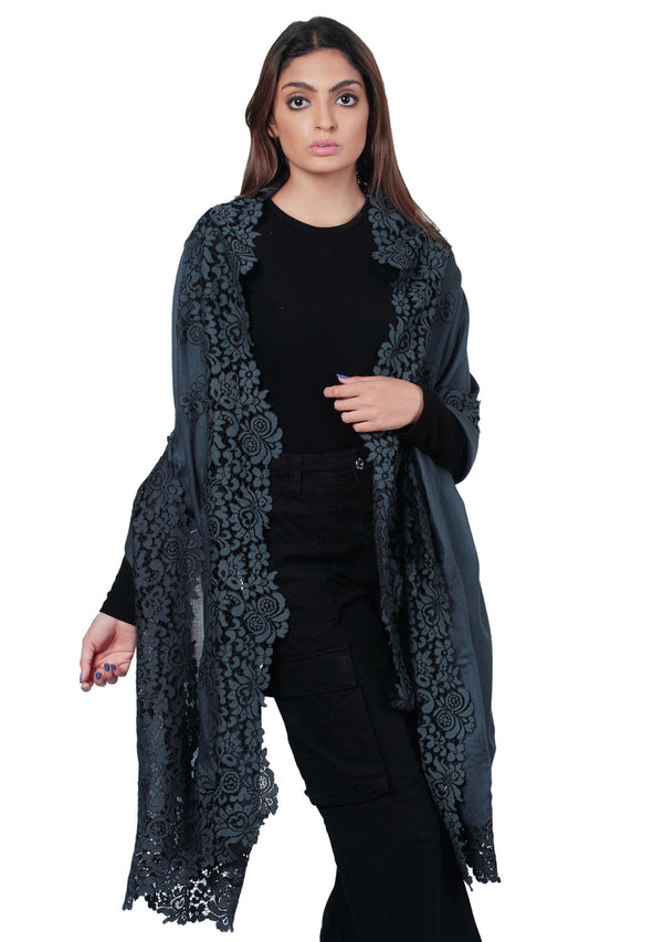 Dk. Grey Wool & Silk Scarf with a Dk. Grey Black Corded Lace Border