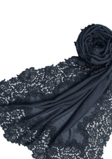 Dk. Grey Wool & Silk Scarf with a Dk. Grey Black Corded Lace Border