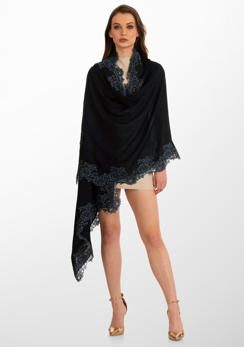 Black Cashmere Scarf with a Dual Shade Black and Blue Floral Chantilly Lace Border