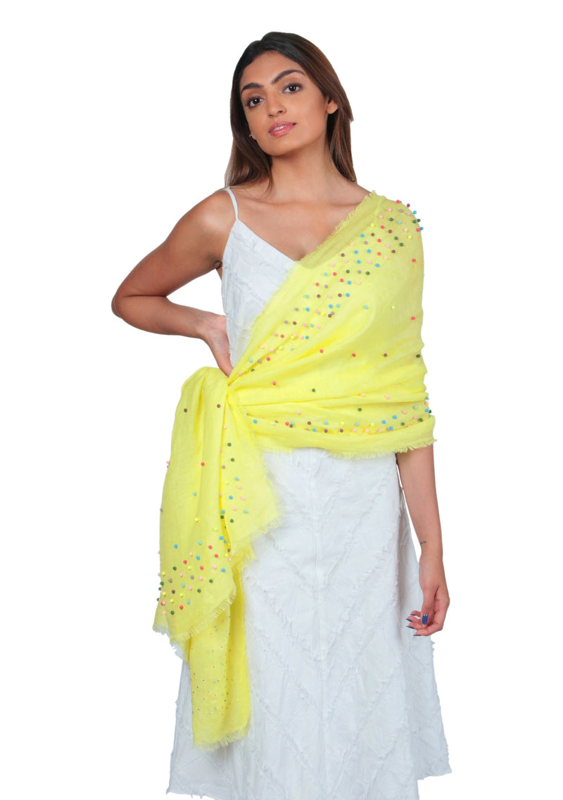 Yellow Linen and Modal Scarf with Multi-colored Rudraksha Pearls