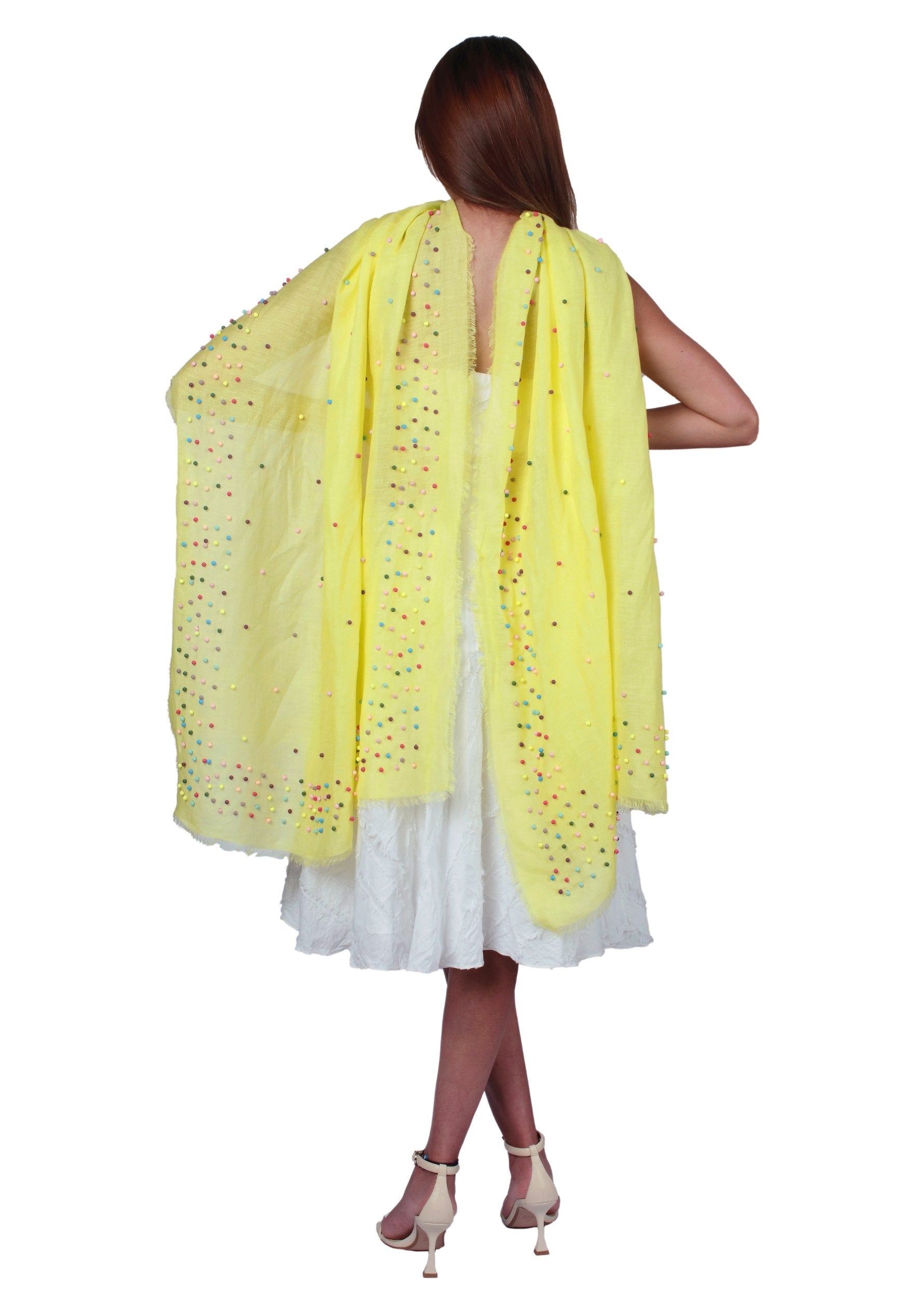 Yellow Linen and Modal Scarf with Multi-colored Rudraksha Pearls