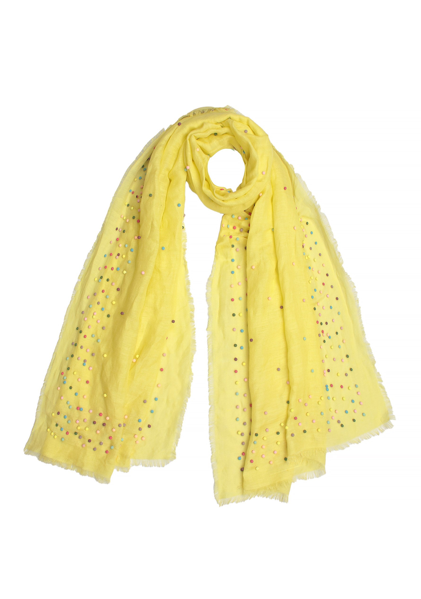 Yellow Linen and Modal Scarf with Multi-colored Rudraksha Pearls