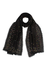 Black Linen and Modal Scarf with Multi-colored Rudraksha Pearls