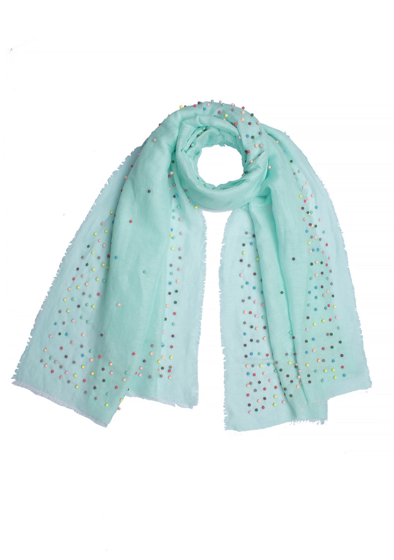 Lt. Mint Linen and Modal Scarf with Multi-colored Rudraksha Pearls