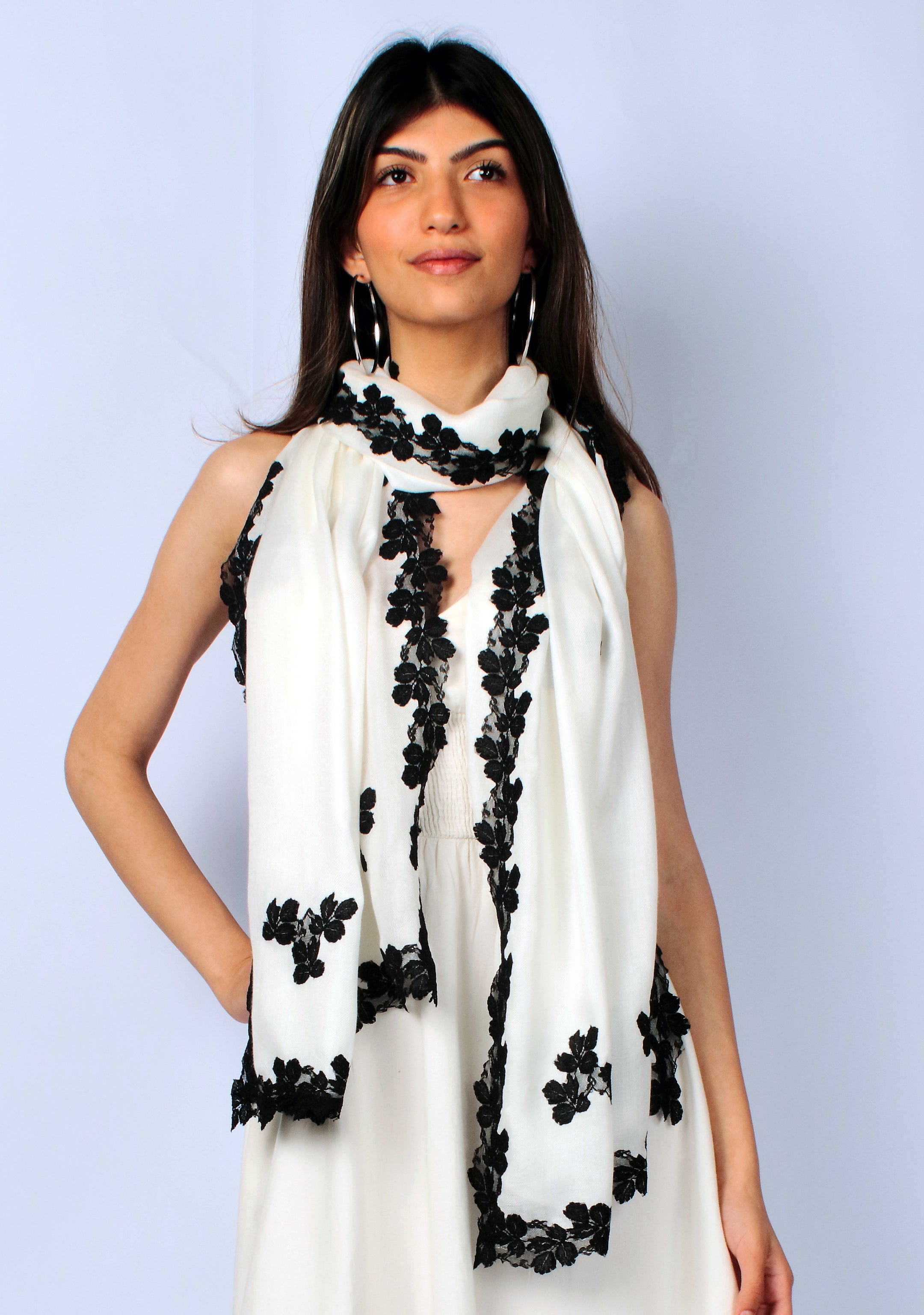 Ivory Modal Scarf with Black Leaf Lace Appliqués and Border