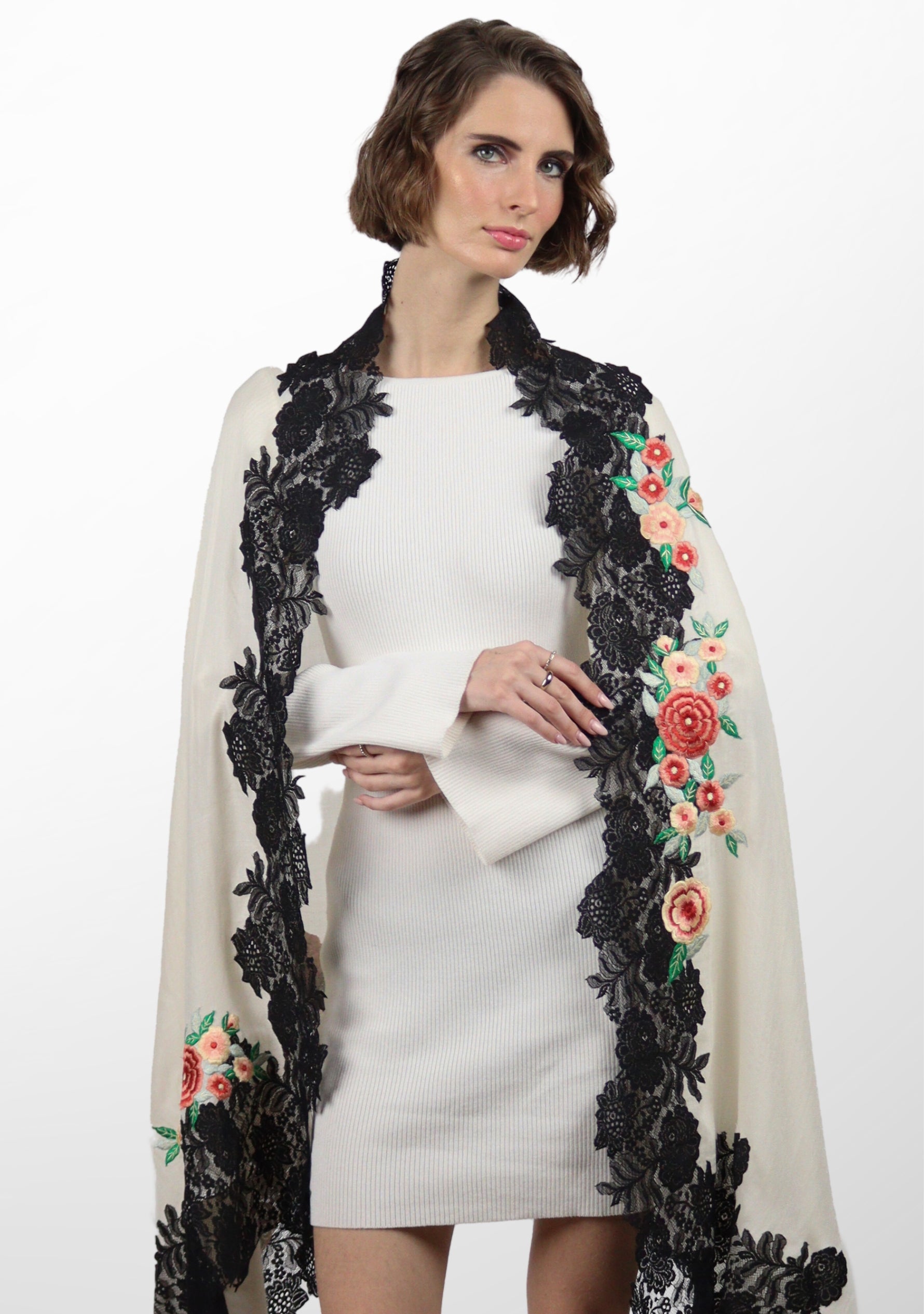 Ivory Silk and Wool Scarf with a Black 
Floral Lace Border and Multi-Colored Embroidery.