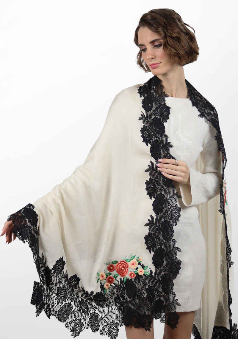 Ivory Silk and Wool Scarf with a Black 
Floral Lace Border and Multi-Colored Embroidery.