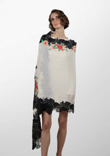 Ivory Silk and Wool Scarf with a Black 
Floral Lace Border and Multi-Colored Embroidery.