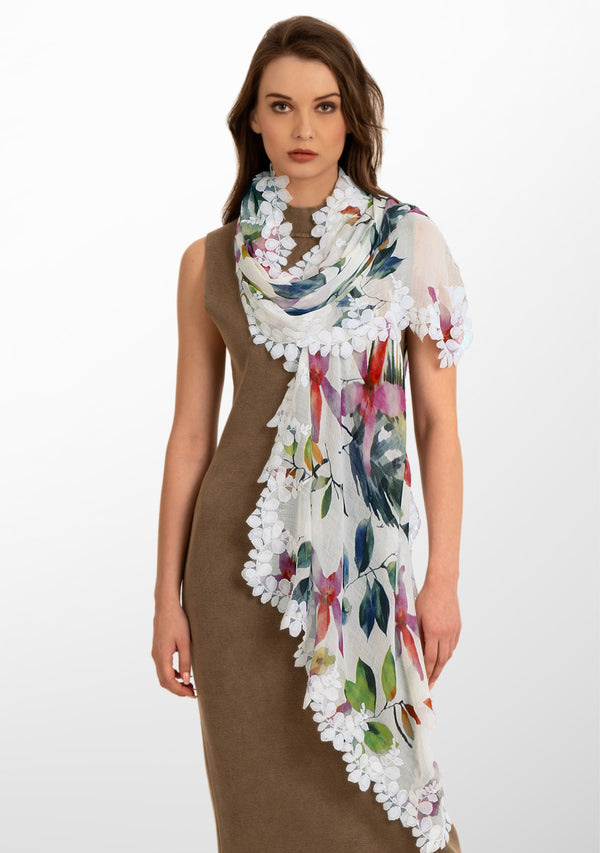 Petals Floral Print Modal and Silk Scarf with a Scalloped Ivory Lace Border