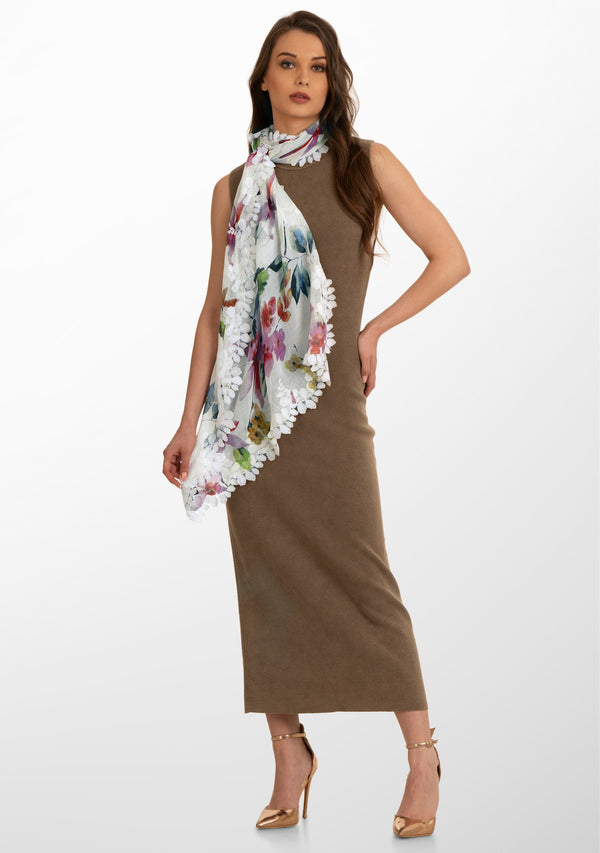 Petals Floral Print Modal and Silk Scarf with a Scalloped Ivory Lace Border