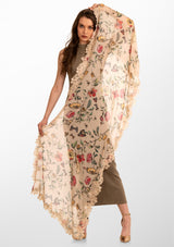 Heyday Floral Print Modal and Silk Scarf with a Scalloped Beige Lace Border