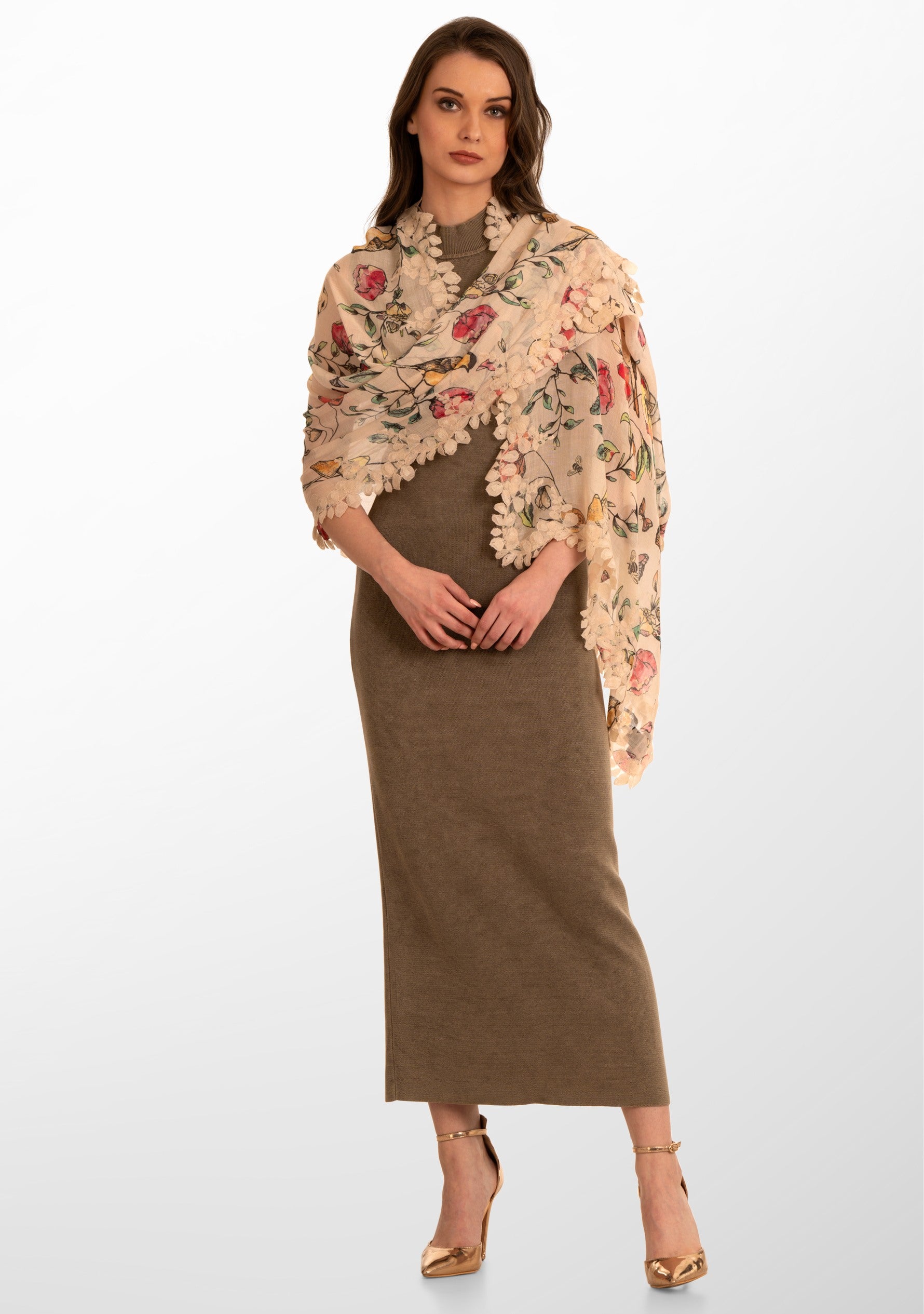 Heyday Floral Print Modal and Silk Scarf with a Scalloped Beige Lace Border