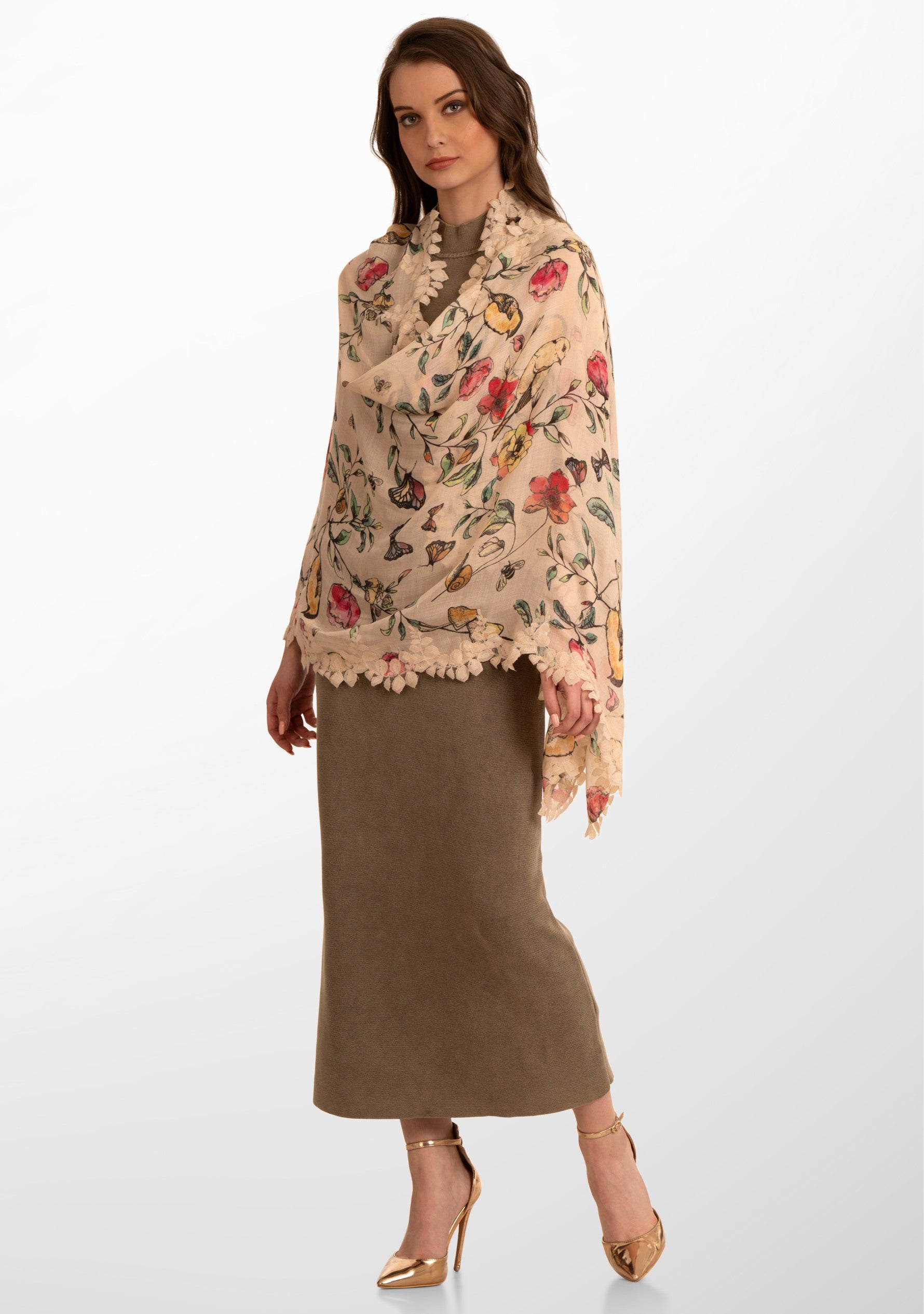 Heyday Floral Print Modal and Silk Scarf with a Scalloped Beige Lace Border