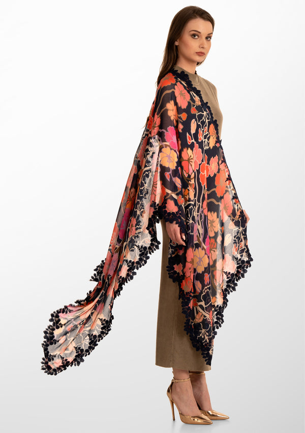 Hibiscus Floral Print Modal and Silk Scarf with a Scalloped Navy Blue Lace Border