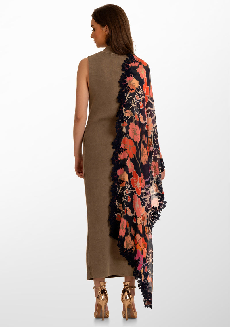 Hibiscus Floral Print Modal and Silk Scarf with a Scalloped Navy Blue Lace Border