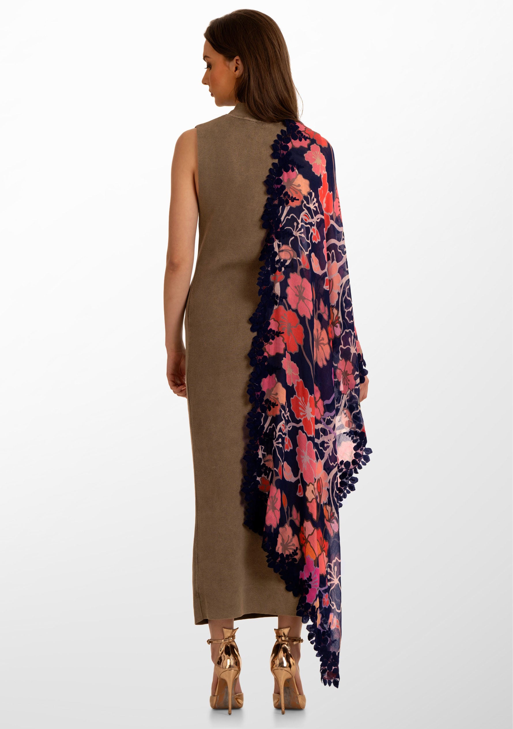 Hibiscus Floral Print Modal and Silk Scarf with a Scalloped Navy Blue Lace Border