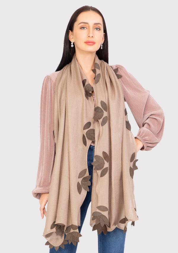 Taupe Cashmere Scarf with Mousse Suede Leather Leaf Appliqués