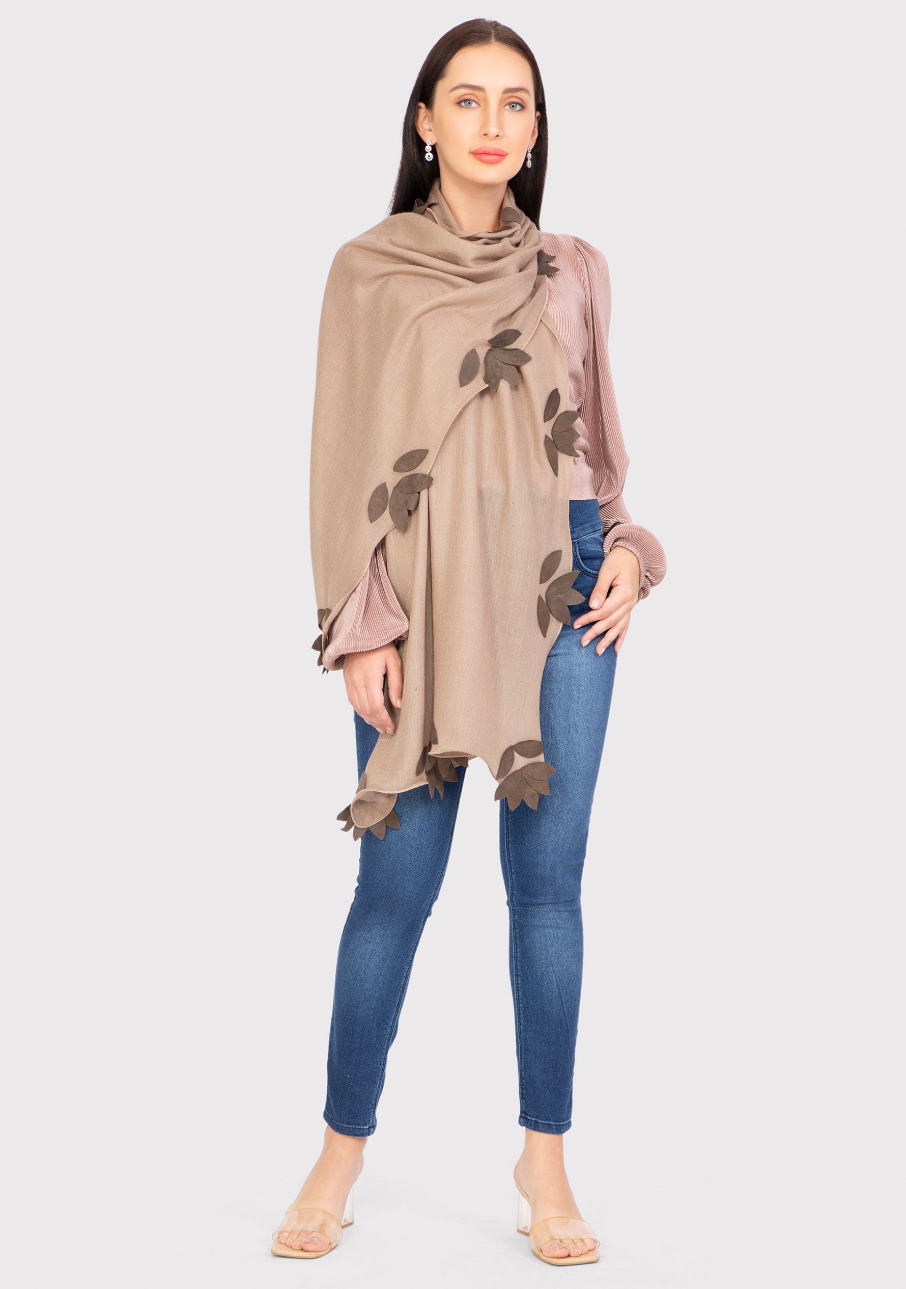 Taupe Cashmere Scarf with Mousse Suede Leather Leaf Appliqués