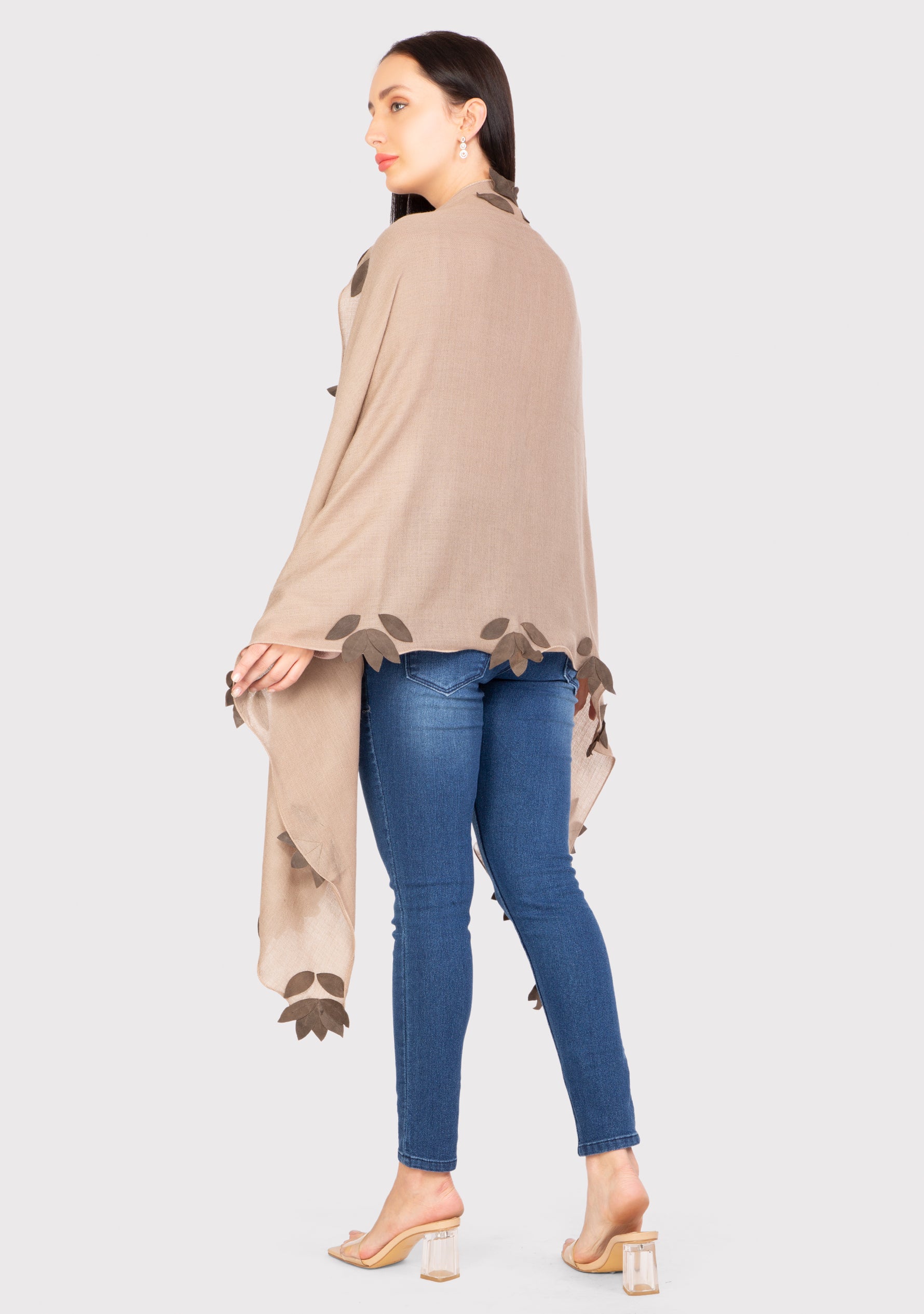 Taupe Cashmere Scarf with Mousse Suede Leather Leaf Appliqués