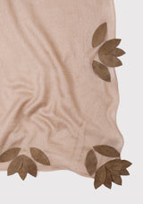 Taupe Cashmere Scarf with Mousse Suede Leather Leaf Appliqués