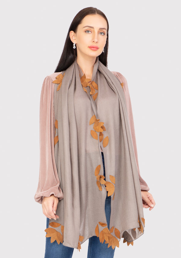 Mousse Cashmere Scarf with Brown Suede Leather Leaf Appliqués