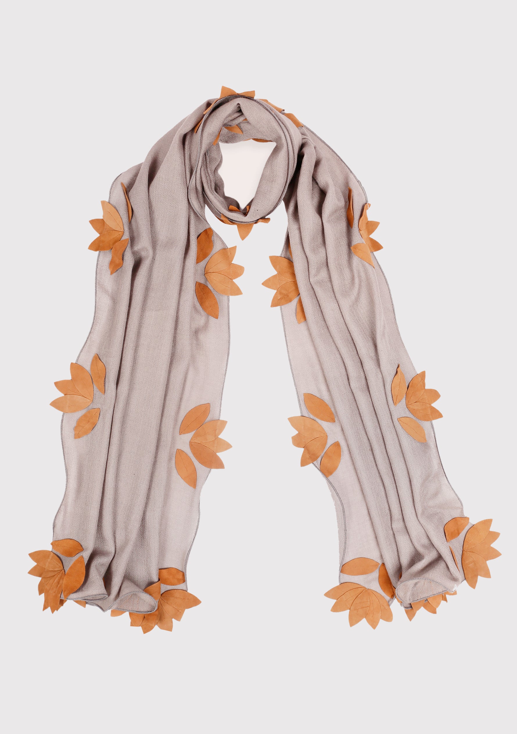 Mousse Cashmere Scarf with Brown Suede Leather Leaf Appliqués