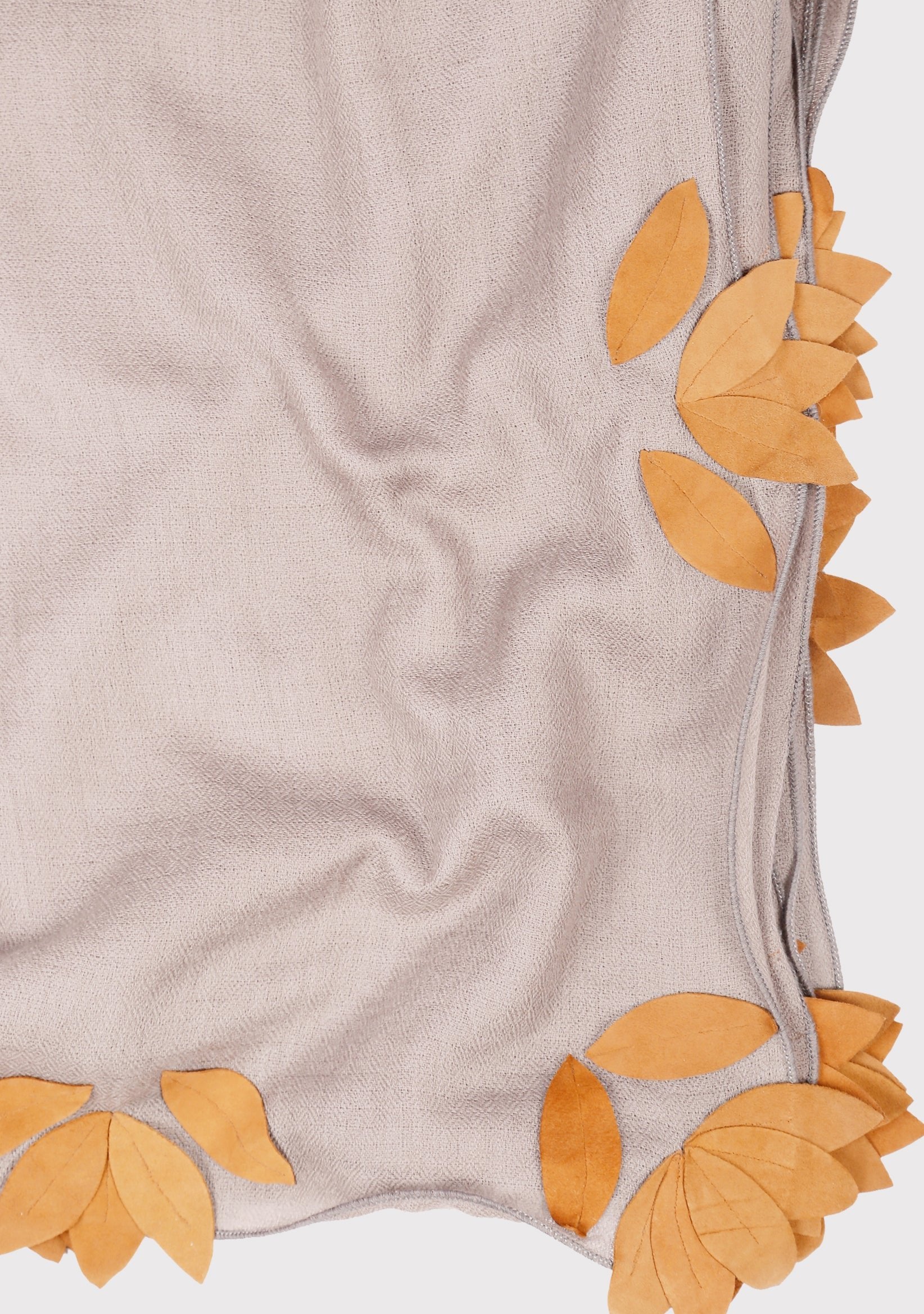 Mousse Cashmere Scarf with Brown Suede Leather Leaf Appliqués