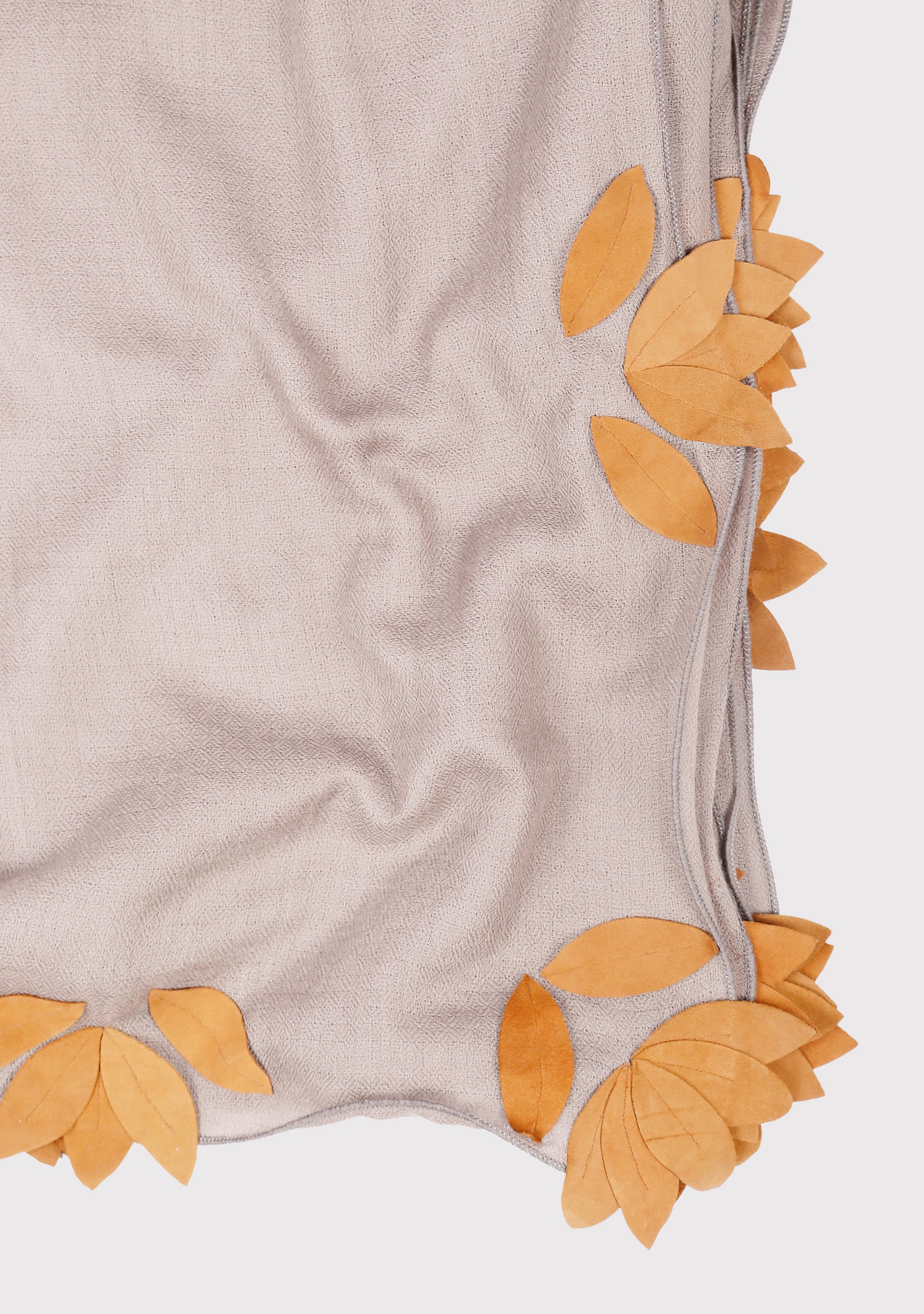 Mousse Cashmere Scarf with Brown Suede Leather Leaf Appliqués