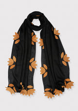 Black Cashmere Scarf with Brown Suede Leather Leaf Appliqués