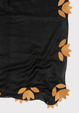 Black Cashmere Scarf with Brown Suede Leather Leaf Appliqués
