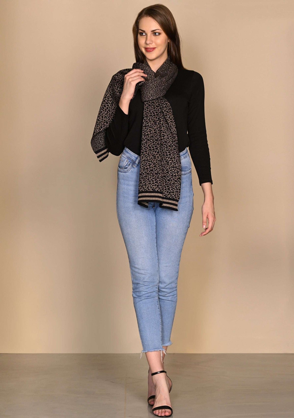 Black & Tobacco Brown Cotton & Viscose Leopard Jacquard 
Scarf Black & Tobacco Brown Lurex Stripes
