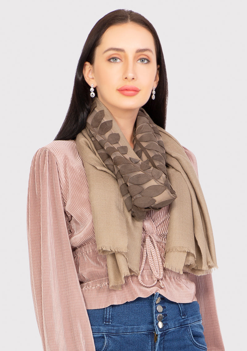 Taupe Cashmere Scarf with Mousse Suede Leather Leaf Applique Center Patch
