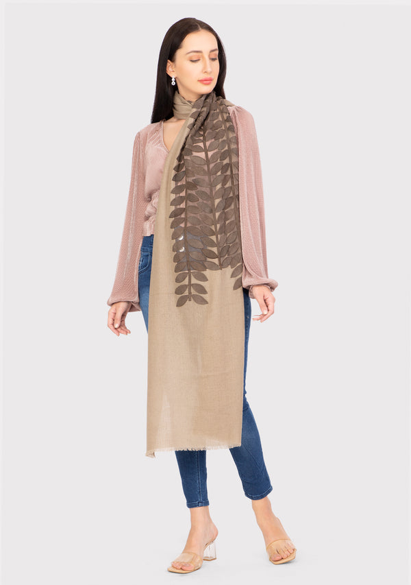 Taupe Cashmere Scarf with Mousse Suede Leather Leaf Applique Center Patch